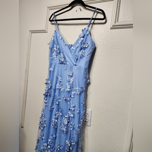 Lulus Rare Presence Powder Blue 3D Floral Surplice Maxi Dress M Wedding Party - Picture 7 of 10